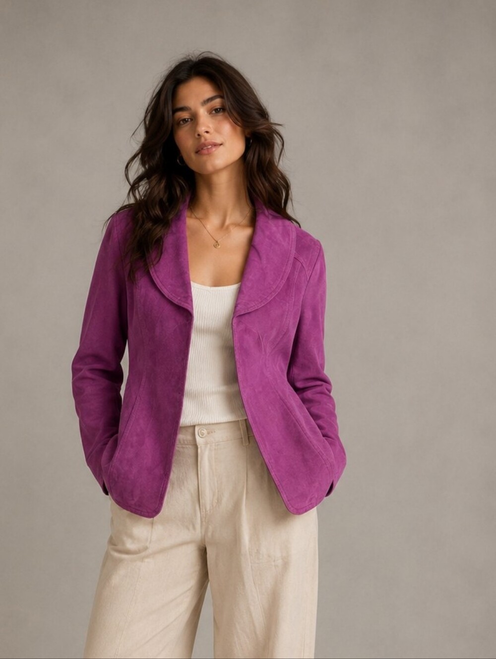 Peck & Peck Magenta Suede 100% Leather Open Front Jacket 90s Boho-Chic Vintage